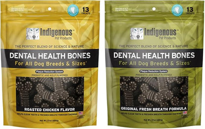 Indigenous Pet Dental Health Bones Regular 2 Pack Bundle – Chicken (17 Ounce) and Original (17 Ounce) | Grain-Free Dog Chews with Prebiotics & Omegas | Freshens Breath & Supports Digestive Health |