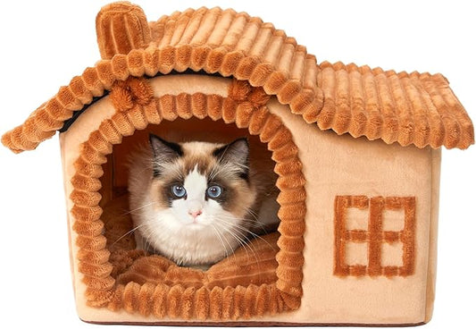 Jiupety Bear Cat Houses for Indoor Cats, Chimney Cute Cat Bed Cave, Enough Interior Space, Cartoon Soft Pet House Up to 3-10 lbs Kitten, Brown