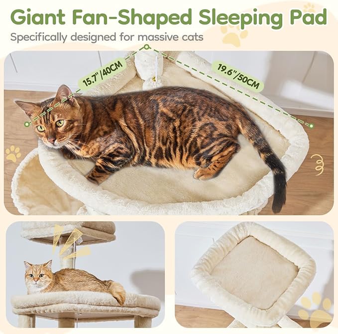 Taoqimiao 72 Inches Cat Tree for Large Cats, Multi-Level Tall Cat Tower, Widened Cat Condo with Large Scratch Board, 5 Scratching Posts, Metal Hammcock, Cozy Basket, Beige, MS045M