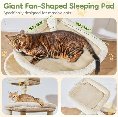 Taoqimiao 72 Inches Cat Tree for Large Cats, Multi-Level Tall Cat Tower, Widened Cat Condo with Large Scratch Board, 5 Scratching Posts, Metal Hammcock, Cozy Basket, Beige, MS045M