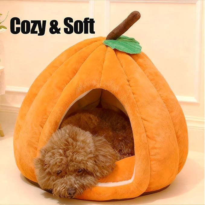Cat Bed for Indoor Cats - Adorable Cozy Pumpkin Cat Cave with Removable Cushion, Super Soft Pet House Tent for Kittens & Small Pets, Warm & Washable Non-Slip Design(M 17.7 inch Grey)