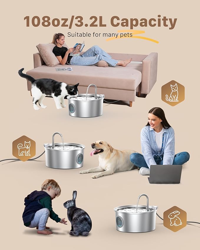 Cat Water Fountain Stainless Steel: Cat Fountain for Drinking - 108oz/3.2L Pet Water Fountain for Cats Indoor - Quiet Water Fountain for Cats - Faucet Pet Fountain - for Small and Medium-Sized Pets