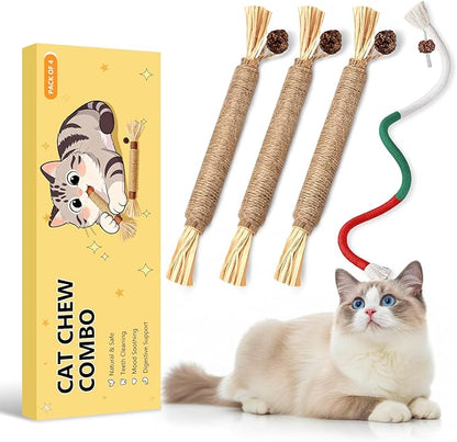 Cat Toys for Indoor Cats, 3 Pcs Silvervine Sticks with Gall Fruit & 1 Pc Cat Chew Rope for Teeth Cleaning, Interactive Cat Toys with Catnip, Kitten Chew Toys Teething for All Breeds Red