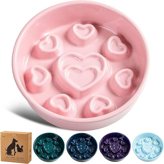 Ceramic Slow Feeder Dog Bowl, 4-Cup Anti-Slip Puzzle Feeder for Medium/Large Dogs, Indoor/Outdoor Pet Bowl for Fast Eaters - Pink（Love）
