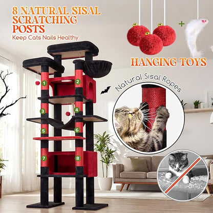 Globlazer XXL Giant Gothic Cat Tree, 83 Inch Heavy Duty Tall Goth Cat Tower for Indoor Cats Large Adult, Multi-Level Large Cat Condo with 8 Scratching Posts, Hammock, 2 Platform, F83B, Black Red