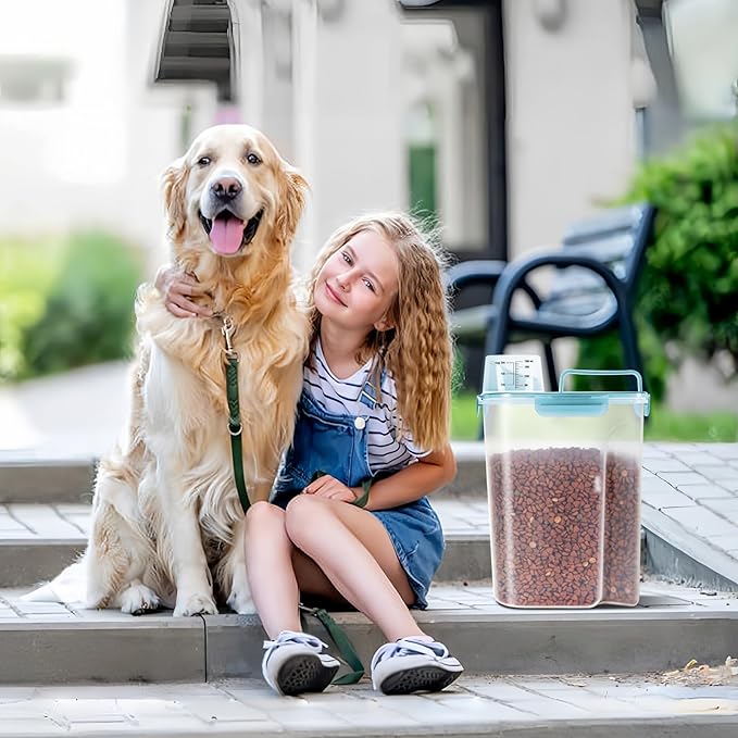 5-7Lbs Cat Dog Storage Container, Portable Pet Food Containers with Upgraded Large Spout and Cup, Small Animal Kibble Dispenser for Bird Seed, Oatmeal, Rice, Flour-Clear Blue