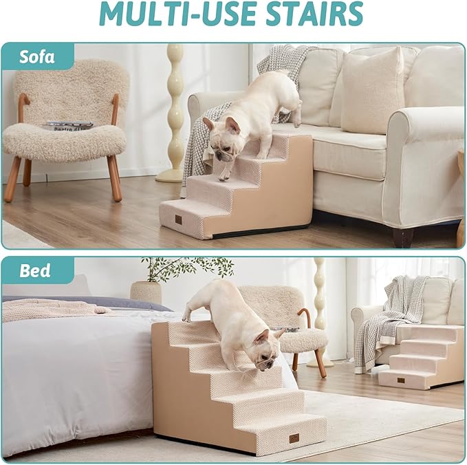 Dog Stairs for Small Dogs, 5 Tier Wider Pet Stairs for High Beds, 23.6" H Non-Slip Dog Steps for Old Cats, Puppies, Small Medium Dogs, 19.7x29.5x23.6 inch, Beige