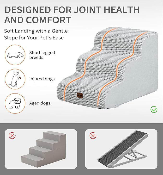 Made4Pets Dog Stairs Ramp for Small Dogs 15.7" H, 3-Step Dog Steps for Bed Couch Sofa and Chair, 35D Foam Pet Steps for Small Dogs and Cats, Non-Slip Bottom Pet Stairs, Light Grey