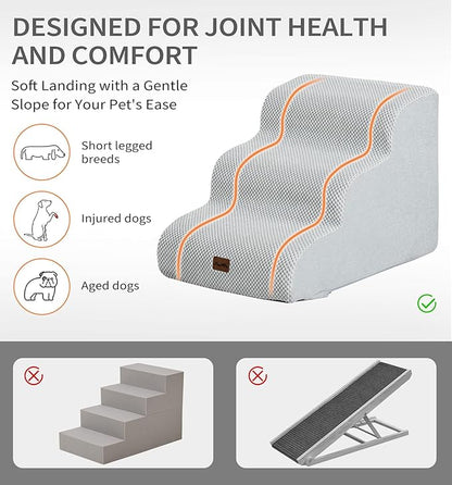 Made4Pets Dog Stairs Ramp for Small Dogs 15.7" H, 3-Step Dog Steps for Bed Couch Sofa and Chair, 35D Foam Pet Steps for Small Dogs and Cats, Non-Slip Bottom Pet Stairs, Light Grey