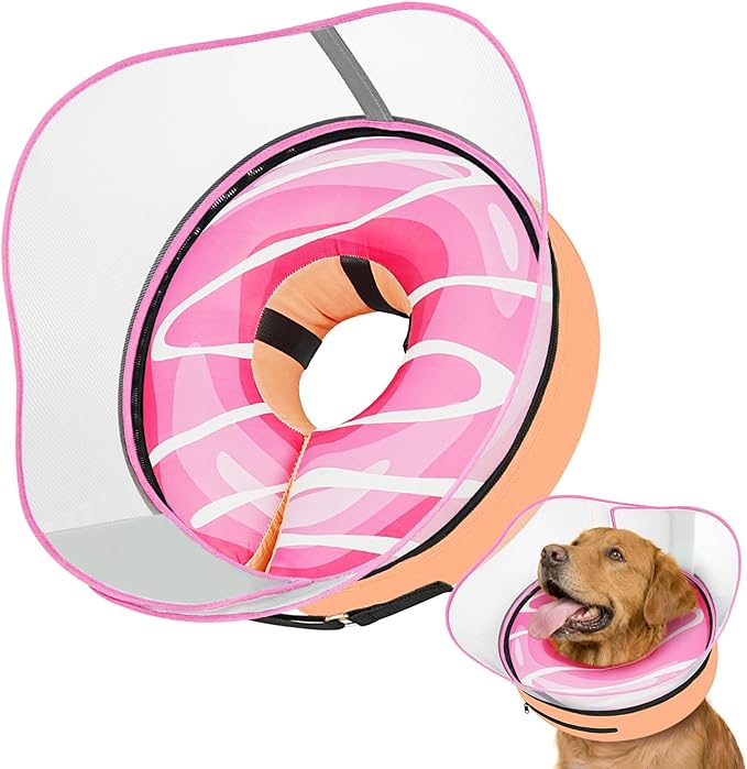 Raised Inflatable Dog Cone After Surgery - Adjustable Recovery Donut Collar with Neck Strap and Removable Anti-Licking Shield - Soft Dog Cone Alternative for Small Medium Large Dogs (DonutPink,XXL)