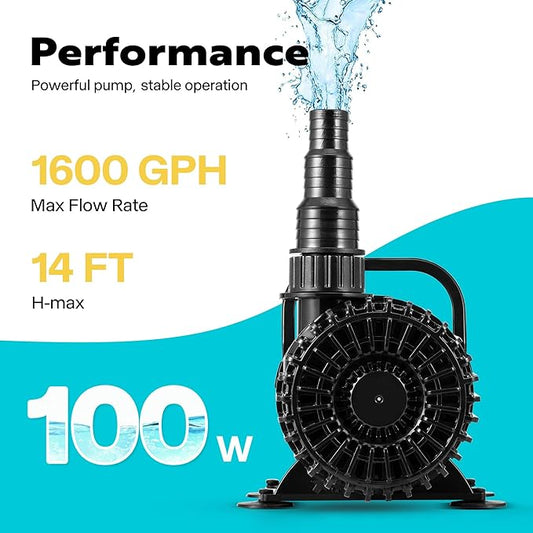 VIVOHOME 100W 1600GPH Submersible Water Pump with 180° Seamless Adjustable Nozzle and Barrier Bag for Koi Pond Waterfall Fountains Fish Tank