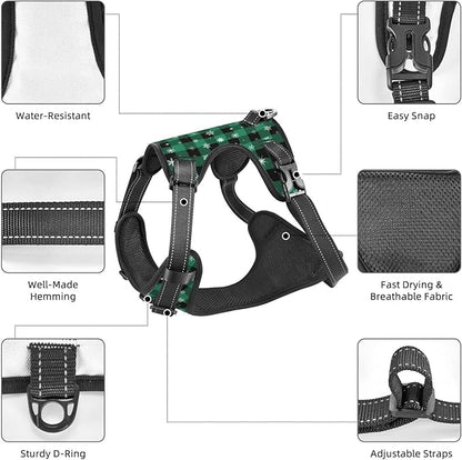 Green Plaid Snowflake Reflective Dog Harness No Pull Soft Vest Harness for Small Medium Large Dog Puppy Pets (Medium Size)