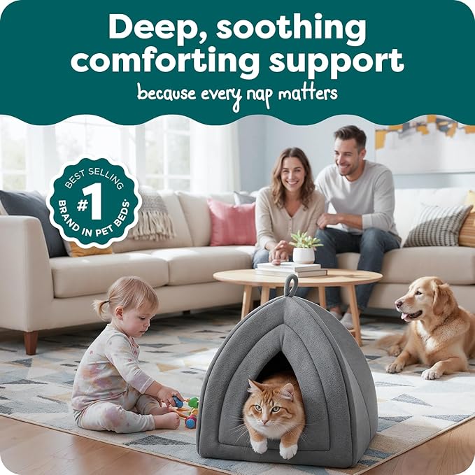 FurHaven Cat Bed Cave for Indoor Cats & Small Dogs, Washable & Foldable Pet Tent with Removable Cushion, Small, Polar Fleece, Heather Gray