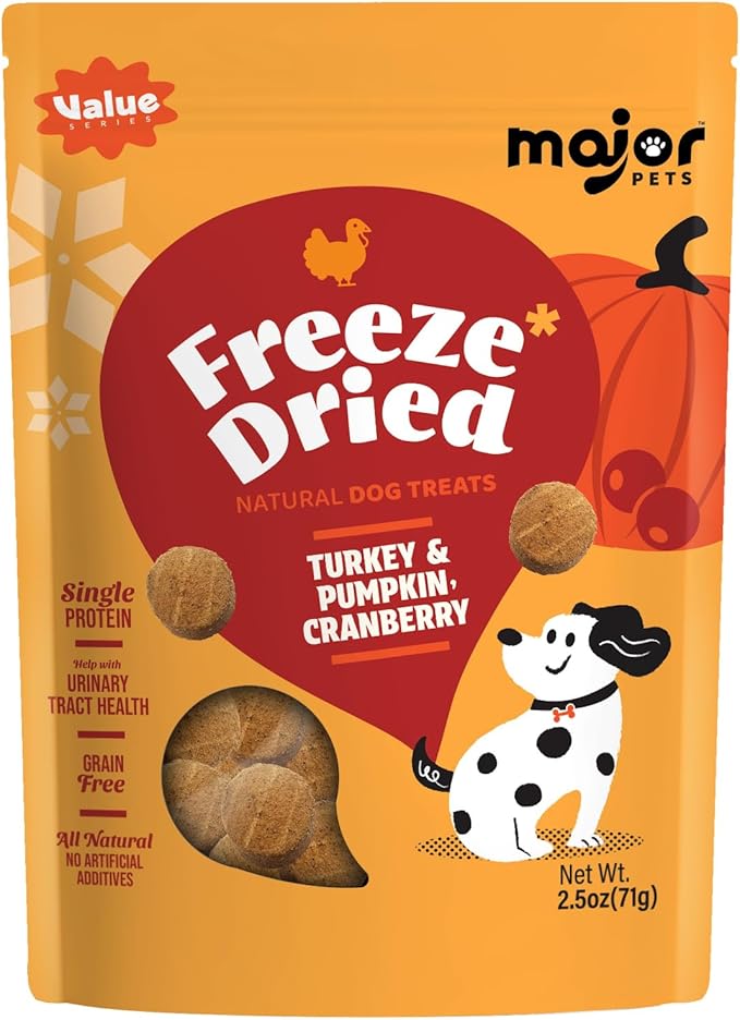 MAJOR PETS Freeze Dried Turkey & Pumpkin,Cranberry Dog Treats,Single Protein, All Natural,Help with Digestion,Grain Free,Healthy Training Treats or Meal Topper for All Dogs-2.5 Ounce,(Pack of 1)