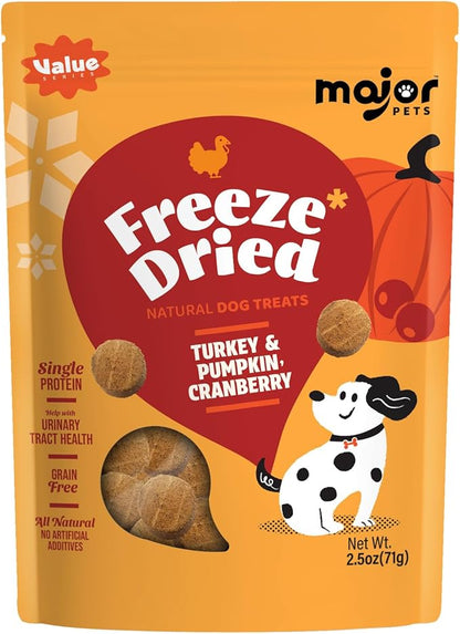 MAJOR PETS Freeze Dried Turkey & Pumpkin,Cranberry Dog Treats,Single Protein, All Natural,Help with Digestion,Grain Free,Healthy Training Treats or Meal Topper for All Dogs-2.5 Ounce,(Pack of 1)