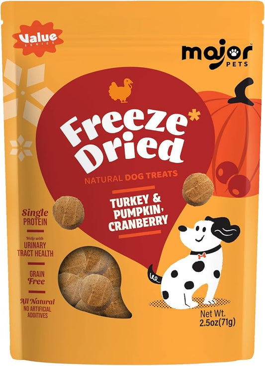 MAJOR PETS Freeze Dried Turkey & Pumpkin,Cranberry Dog Treats,Single Protein, All Natural,Help with Digestion,Grain Free,Healthy Training Treats or Meal Topper for All Dogs-2.5 Ounce,(Pack of 1)