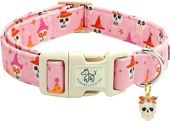 Elegant little tail Halloween Dog Collar, Skull Print Pink Halloween Pet Collars Cotton Soft Sturdy Puppy Collars Holiday Female Adjustable Collar for Small Dogs