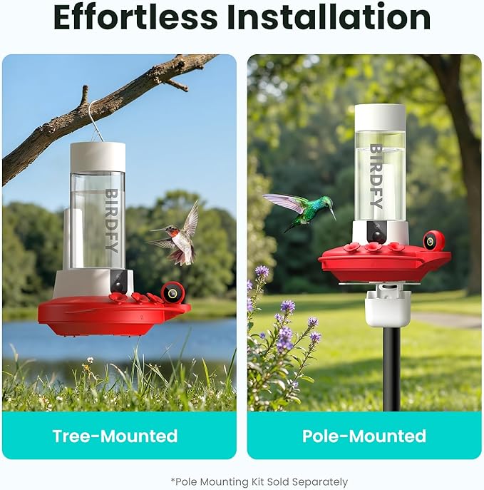 Birdfy Hummingbird Feeder with Dual Cameras - 2K HD Smart Cameras Solar Powered, Close-Up Bird Video/Live Watching & Instant Notifications, Ant Moat & Leakproof - 20oz (AI Lifetime)