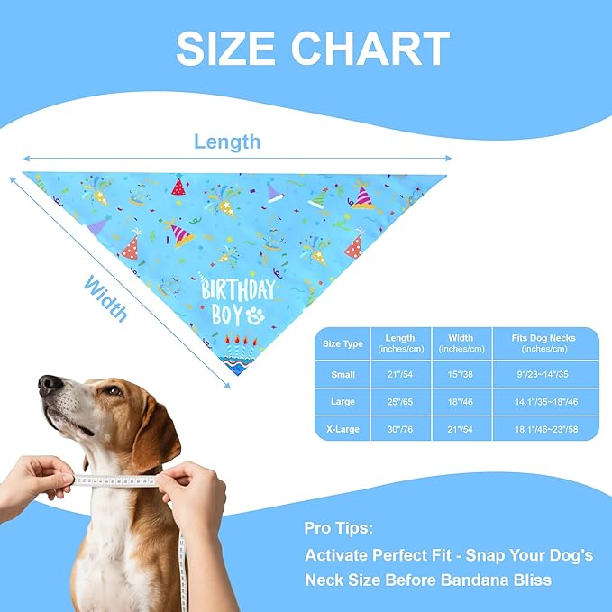 Dog Birthday Bandana for Large and X-Large Boy Dogs - Reversible Blue Confetti Party Print Scarf - Adjustable Pet Costume for Celebrations & Photos