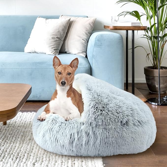 Calming Cat Beds, Fluffy Plush Round Cat Cave Washable, Cozy Warming Anti-Slip Small Dog Bed for Puppy and Kitten, Soft Anti Anxiety Pet Nest (24×24 inch, Grey)