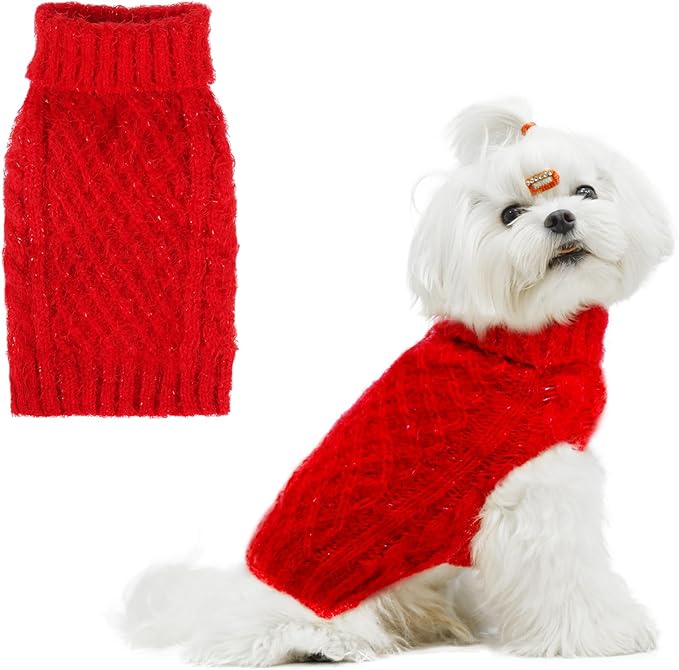 Turtleneck Small Dog Sweaters - Classic Cable Knitwear Winter Coat for Small Medium Dogs Male Female Puppy Dog Cold Weather Clothes Girls Boys, Red, S
