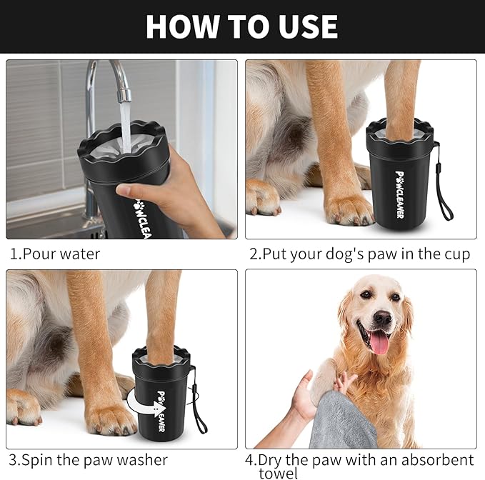 Professional 7 in 1 Dog Paw Cleaner for Dogs & Cats - Includes 1 Portable Paw Washer, 1 Bath Brush, 2 Dog Toothbrushes and 3 Absorbent Towels Note: Fits Paws 1.5 to 2.5 Inches Wide (Medium, Black)