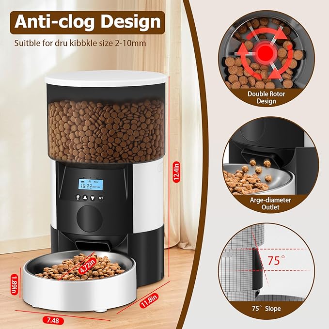Ducksky Automatic Cat Feeder, 3L Timed Dog Food Dispenser, Auto Dry Food Feeders for Pets, Programmable Portion Control, 4 Meals/Day, Dual Power Supply, 10s Voice Recorder (White and Black - Basic)