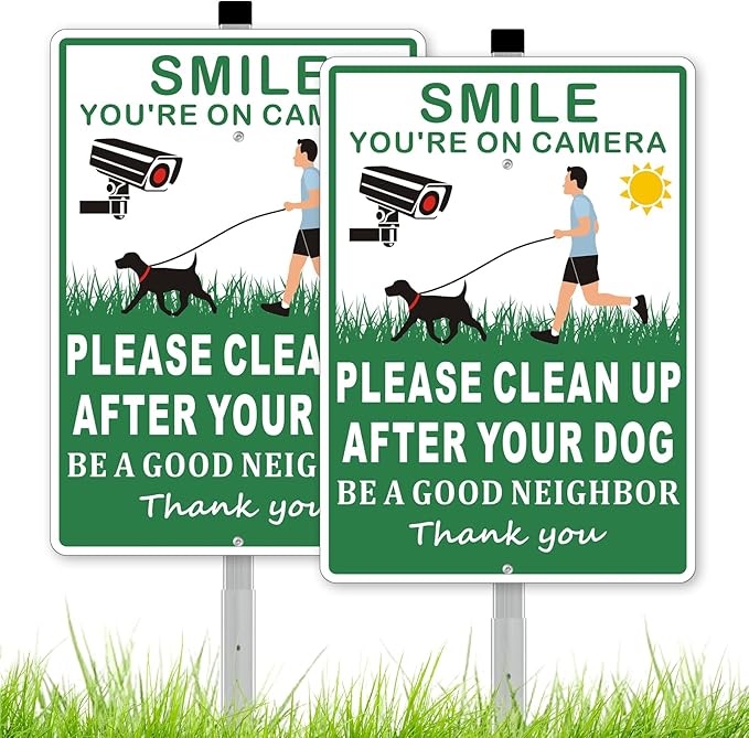 (2 Pack) Clean Up After Your Dog Signs, Please Pick Up After Your Dog Sign for Yard, No Pooping Dogs Signage -10x35 Heavy Duty Aluminum Weather Resistant and Easy to Install with Stake (Green)
