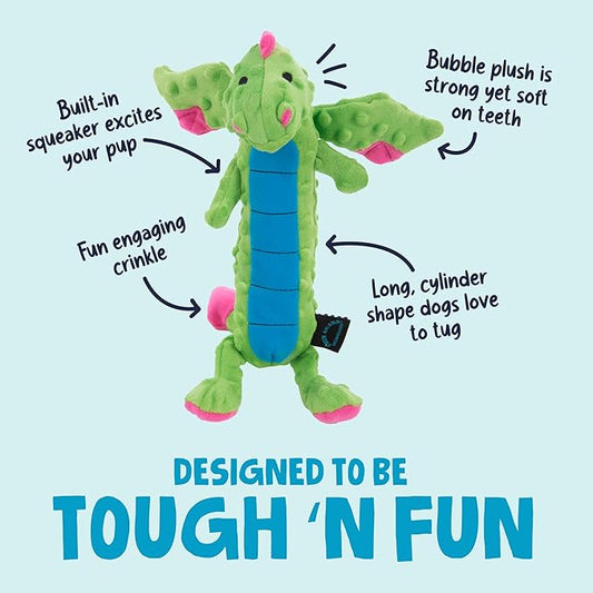 goDog Bubble Plush Skinny Dragons Squeaky Plush Dog Toy, Chew Guard Technology - Green, Large