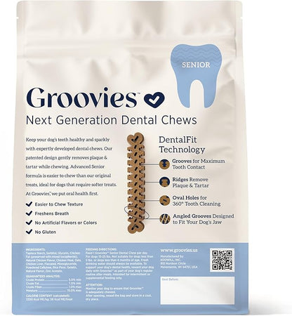 Groovies Slightly Softer, Yet Flexible Dental Chew for Senior Dogs & Delicate Chewers. Powered by USA-Patented DentalFit Tech. No Added Gluten, No Artificial Flavors or Colors. 6oz Medium (10Chews)