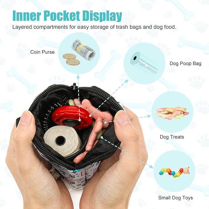 Dog Treat Pouch with Training Clicker,Waterproof Nylon Fabric Poop Bag Holders for Leashes,Hands Free Small Dog Walking Bag with Carabiner, Pet Puppy Training Walking Essentials (Dinosaur)