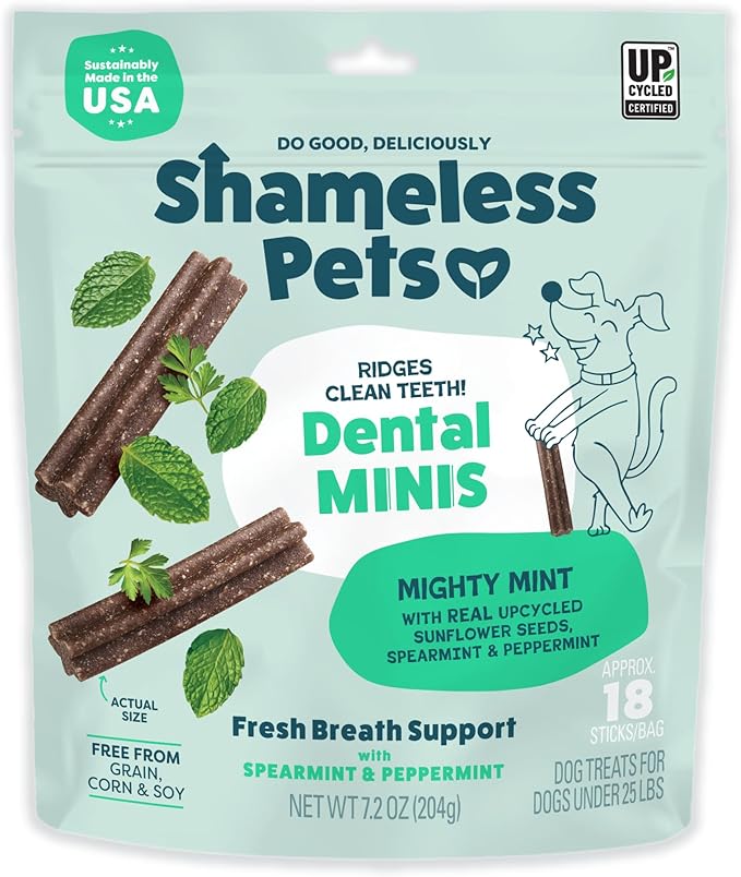 Shameless Pets Dental Chews for Dogs, Mighty Mint Minis, Healthy Treats for Teeth Cleaning & Fresh Breath - Free from Grain, Corn, & Soy for Small Dogs