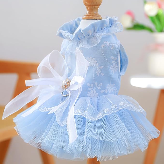 Fashion Sweet Puppy Dog Blingbling Princess Skirt Pet Dog Lace Cake Camisole Tutu Dress F-Blue S