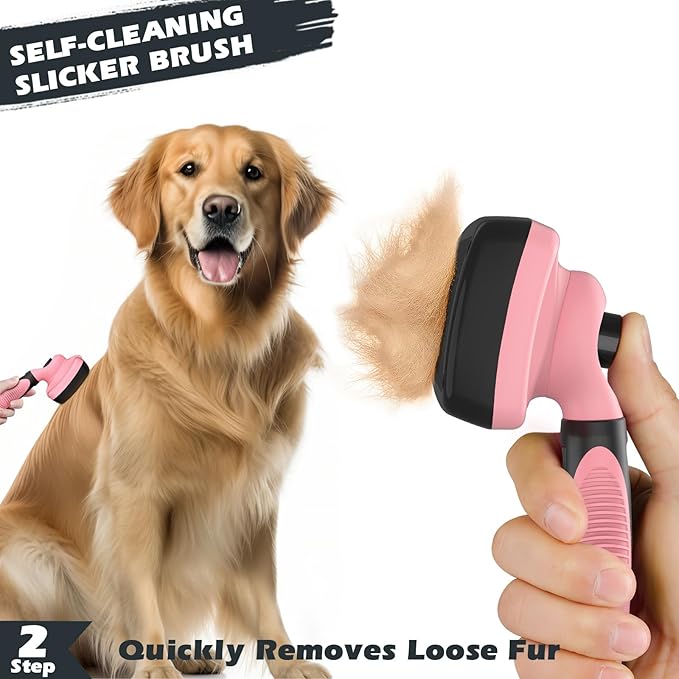3PCS Self Cleaning Slicker Brush & Pet Grooming Rake & Bath Brush for Dogs,Cats and Horses | Double-Sided Dematting Comb & Skin Friendly Deshedding Grooming Tool | Pet Supplies (Light Pink Black)