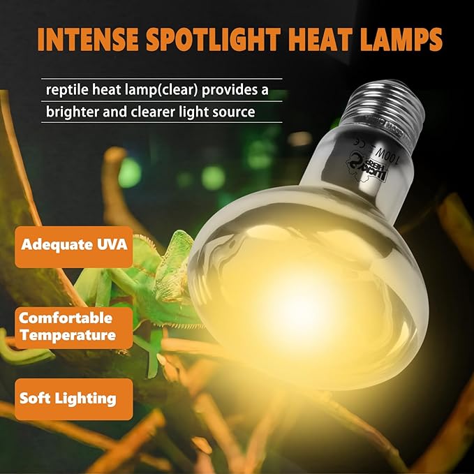 LUCKY HERP Heat Lamp Bulbs, UVA Intense Basking Spot Light Reptile Heat Lamp(Clear) 100W, Simulated Natural Sunlight Heat Lamp Bulbs for Reptile, Bearded Dragon, Amphibian, Turtle, Snake, Lizard