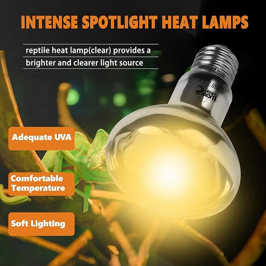 LUCKY HERP Heat Lamp Bulbs, UVA Intense Basking Spot Light Reptile Heat Lamp(Clear) 100W, Simulated Natural Sunlight Heat Lamp Bulbs for Reptile, Bearded Dragon, Amphibian, Turtle, Snake, Lizard