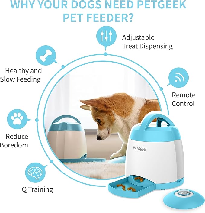 PETGEEK Dog Treat Dispenser with Button, Automatic Dog Feeder with Remote Control and Dual Power Supply, Dogs Puzzle Toys and Interactive Pet Stimulation Toys for Indoor/Outdoor Play (Blue)