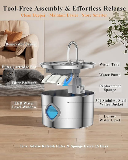 Cat Water Fountain Stainless Steel, 3.2L/108oz Automatic Pet Drinking Dispenser with Faucet & Flower Mode, Electric Metal Water Bowl for Indoor Cats S/M Dogs Pets, Quiet Waterer w/ 8 Filters & Sponges