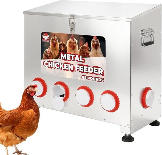 Sidasu 85 lbs 6-Port Galvanized Chicken Feeder No Waste with Locking Lid&Riveted Handles,Adjustable Height,Large Capacity Rainproof Automatic Chicken Feeders for Chickens, Poultry Coop,Silver
