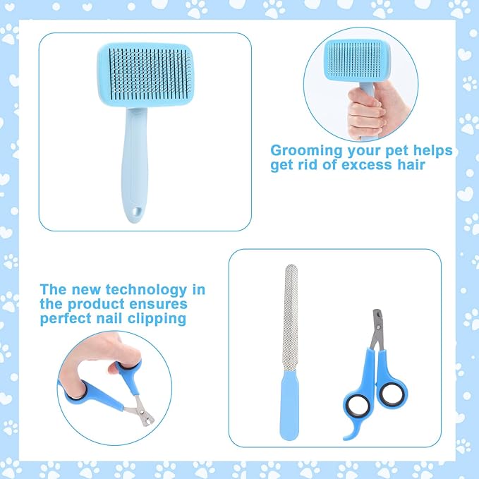 VCZONE 8 Pcs Dog Brush Grooming Kits, Includes Pet Nail Clipper and File, Flea Comb, Pet Shampoo Bath Brush, Pet Shedding Brush, Pet Dematting Comb, Silicone Toothbrush (Blue)