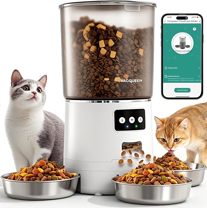 Vacqueen Automatic Cat Feeder for 3 Cats, 6L/25 Cups Smart WiFi Pet Feeder, Strong Anti-Jam System, Dual-Effect Desiccant Cat Food Dispenser, with 10S Voice Recorder for Cats and Small Dog(White)