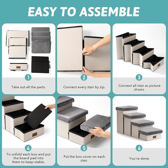 Pet Stair for Small Dogs with Storage, Foldable Dog Ramp with Soft Cover, Older Cat Steps for Chair Couch Sofa, Lightweight, Comfort, 19.7x13x9.6 inch, 2 Tiers, Grey