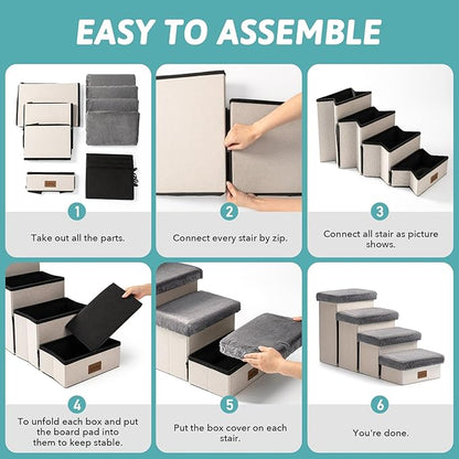 Pet Stair for Small Dogs with Storage, Foldable Dog Ramp with Soft Cover, Older Cat Steps for Chair Couch Sofa, Lightweight, Comfort, 19.7x13x9.6 inch, 2 Tiers, Grey