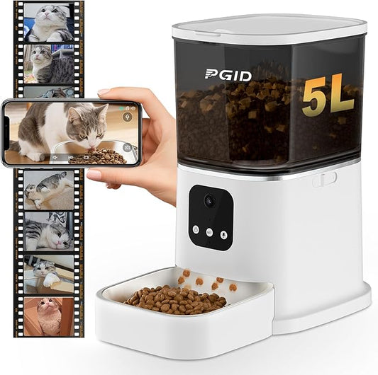 PGID Automatic Cat Feeder with 400W Camera,2.4G Auto Dog Feeder w Night Vision,Pet Feeder w2-Way Audio,Timed Cat Feeders for Dry Food,Dogs Food Dispenser w APP Control 5L