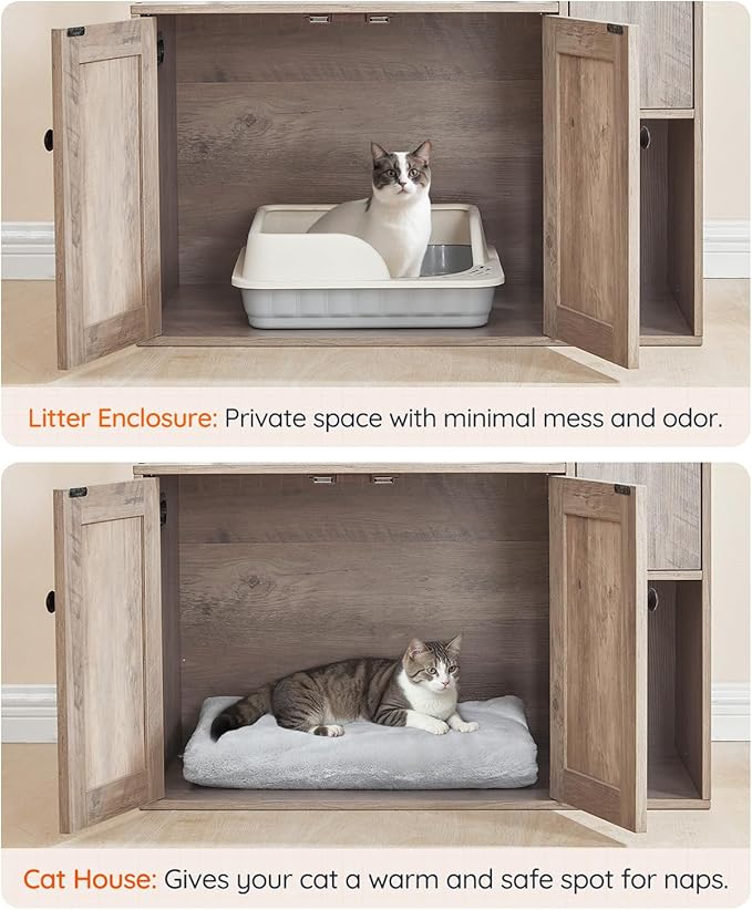 HOOBRO Cat Tree with Litter Box Enclosure, 68.9" H Cat Tower with Food Bowl and Storage, Hidden Litter Enclosure Furniture, All-in-One Modern Cat Condo, with House, Hammock and Perch, Greige BG80MZ03