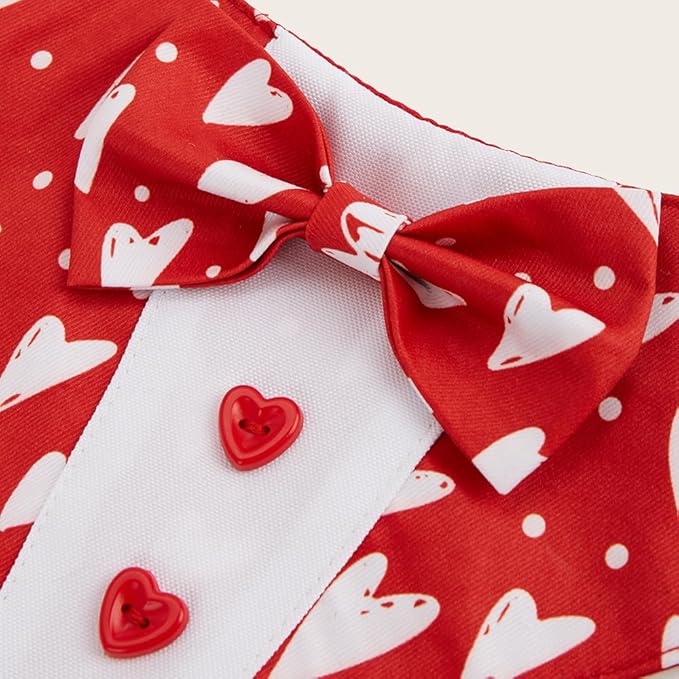 Valentine Dog Tuxedo Bandana with Bow Tie, Adjustable Tuxedo Style Heart Pattern Pet Costume for Dogs, XS to XL