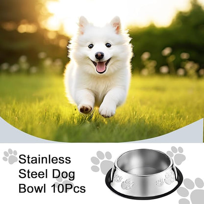 10 Pcs Stainless Steel Dog Bowl Pet Feeding Bowl with Rubber Base Non-Slip Pet Dishes Metal Dog Bowls Pet Food and Water Bowls for Small Medium Animals Kitten Rabbit (10.1 oz)