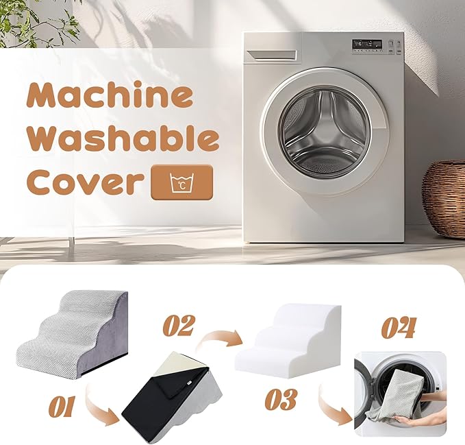 Dog Stairs for Small Dogs and Cats, 12" H 2 Steps Pet Steps Ramp for High Bed, Couch, Sofa, Waterproof Pet Stairs with Removable Washable Cover, Non-Slip Bottom, Light Gray