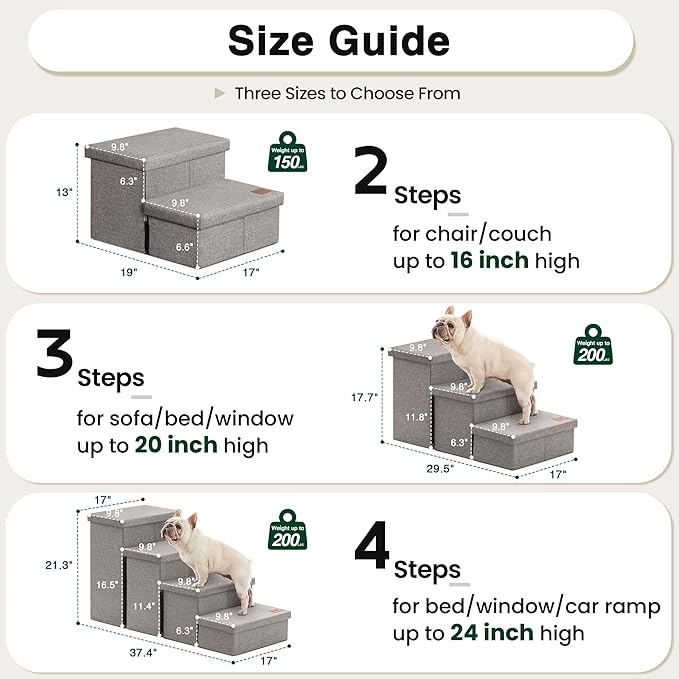 Love's cabin Dog Stairs with Storage 13" H,Foldable Pet Stairs for Small Medium or Large Dogs,Cat Puppy Steps Ramp with Zip up to 150 lbs(Solid Grey,2 Steps no Condo)