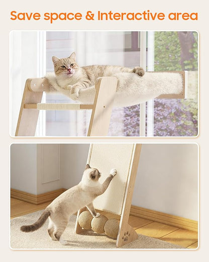 51'' Cat Window Perch with Sisal Pad, Extra-Wide Cat Scratcher with Suction Cups for Glass, Sisal Ball Hammock Ladder for Sleeping, Playing and Watching Bird